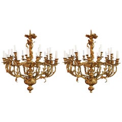 Beautiful Pair of Large French Bronze Chandeliers Louis XVI Style