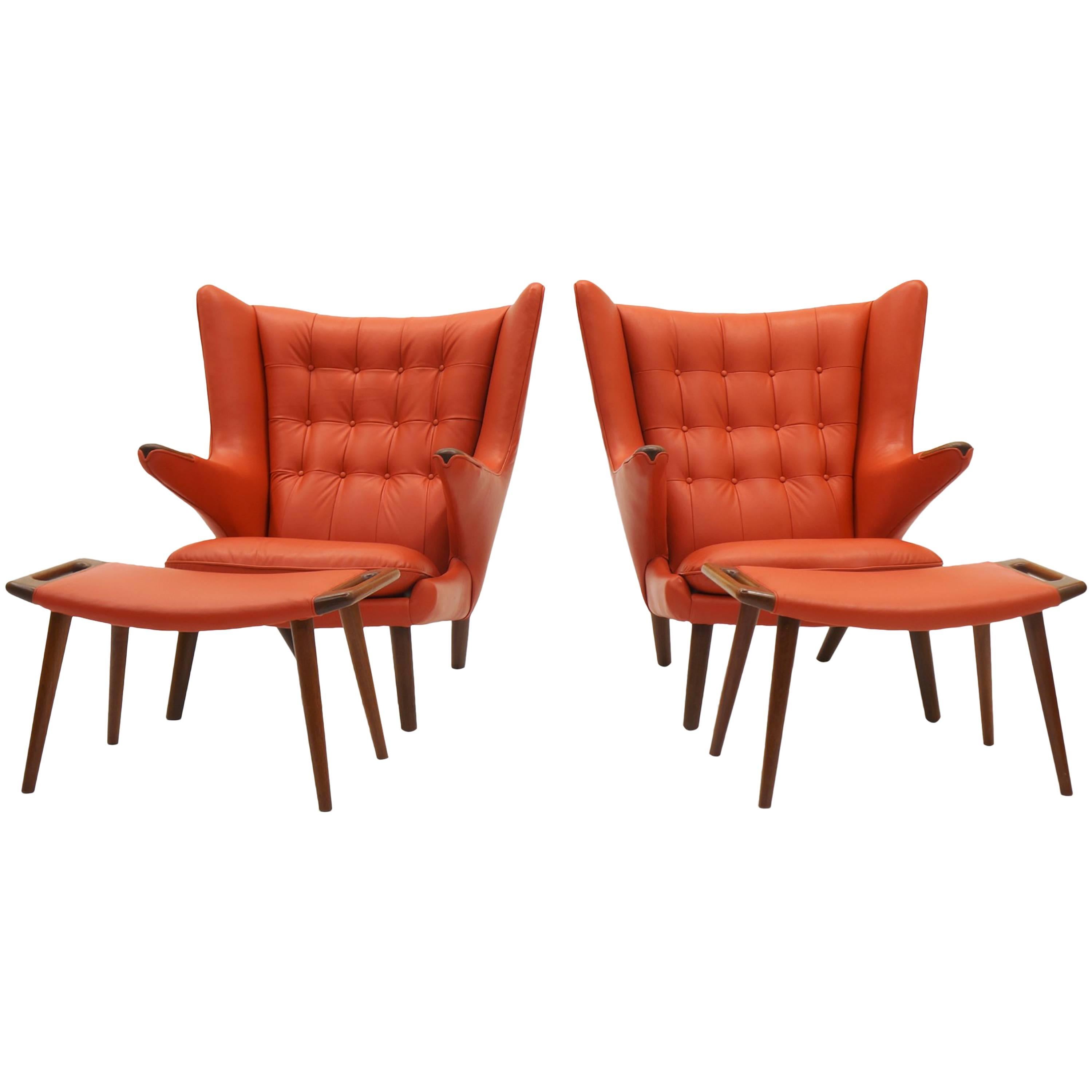 Pair of Hans Wegner Papa Bear Chairs and Ottomans for A.P. Stolen