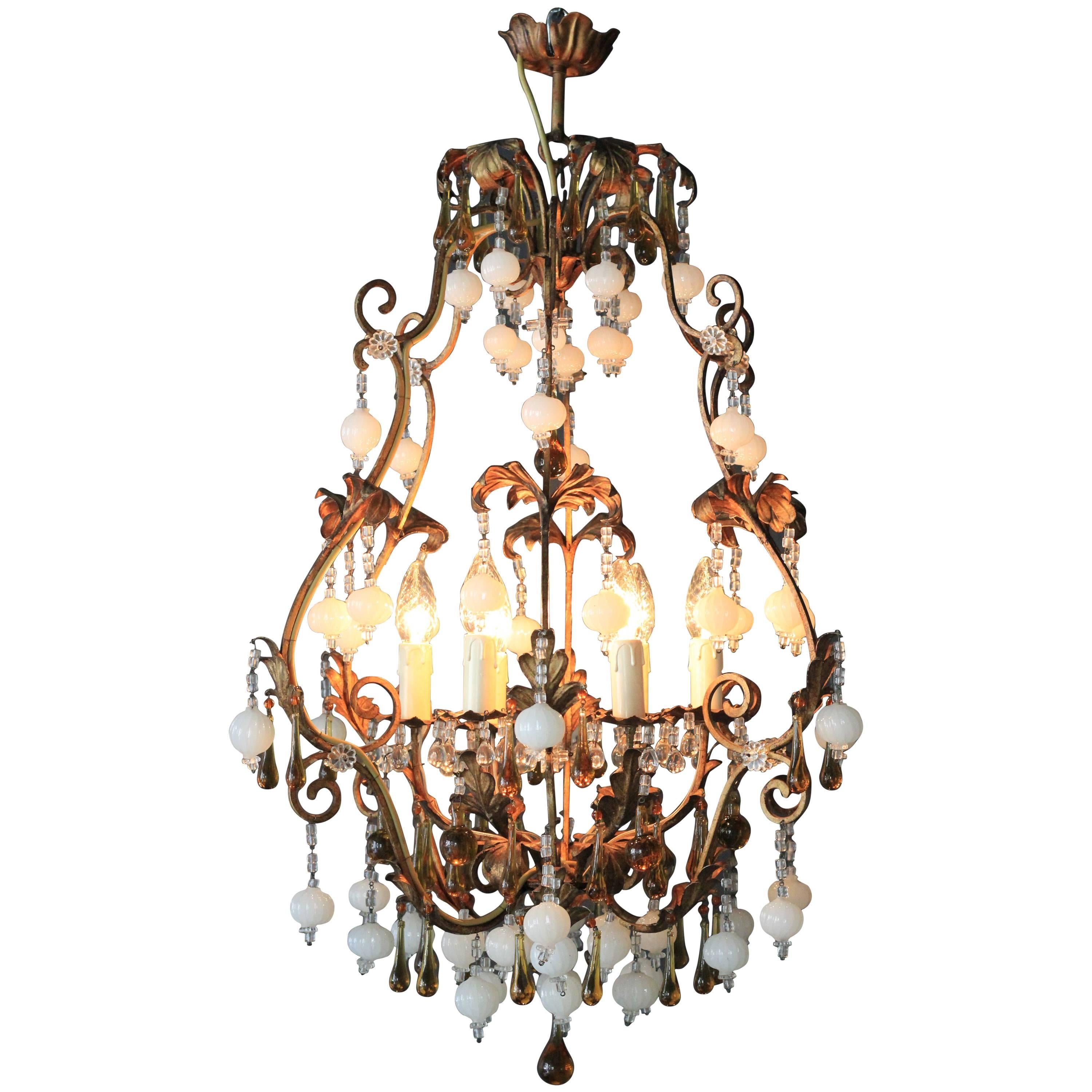 Special Murano Crystal Chandelier White and Brown Colorful Amber Lustré Cage
