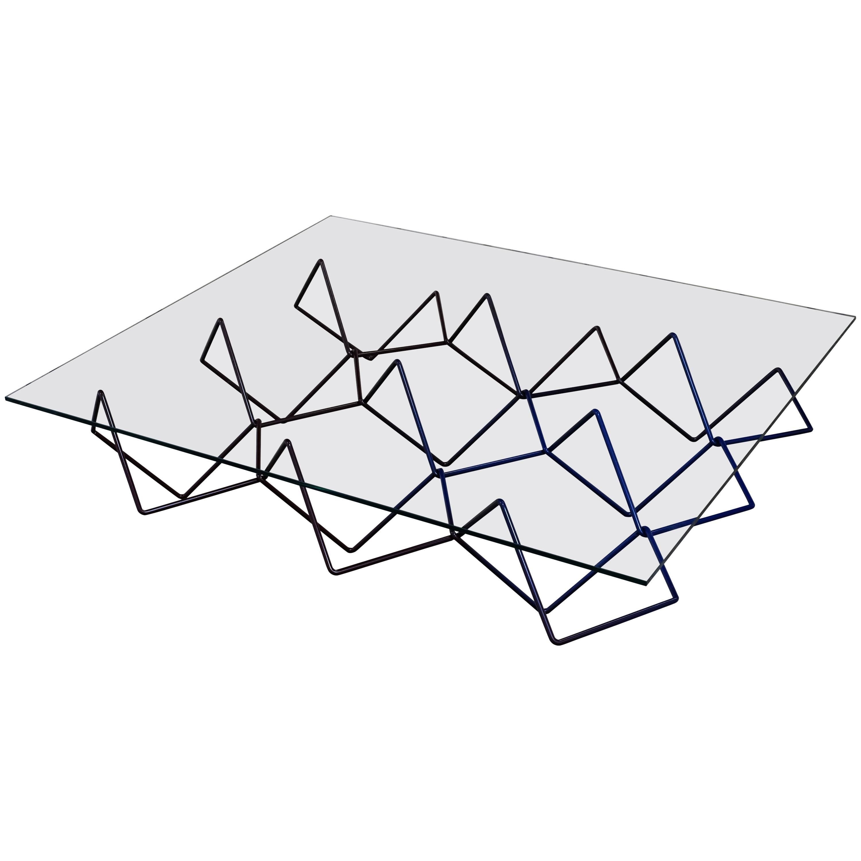 Contemporary Low Seismic Black and Blue Coffee Table in Handwoven steel For Sale
