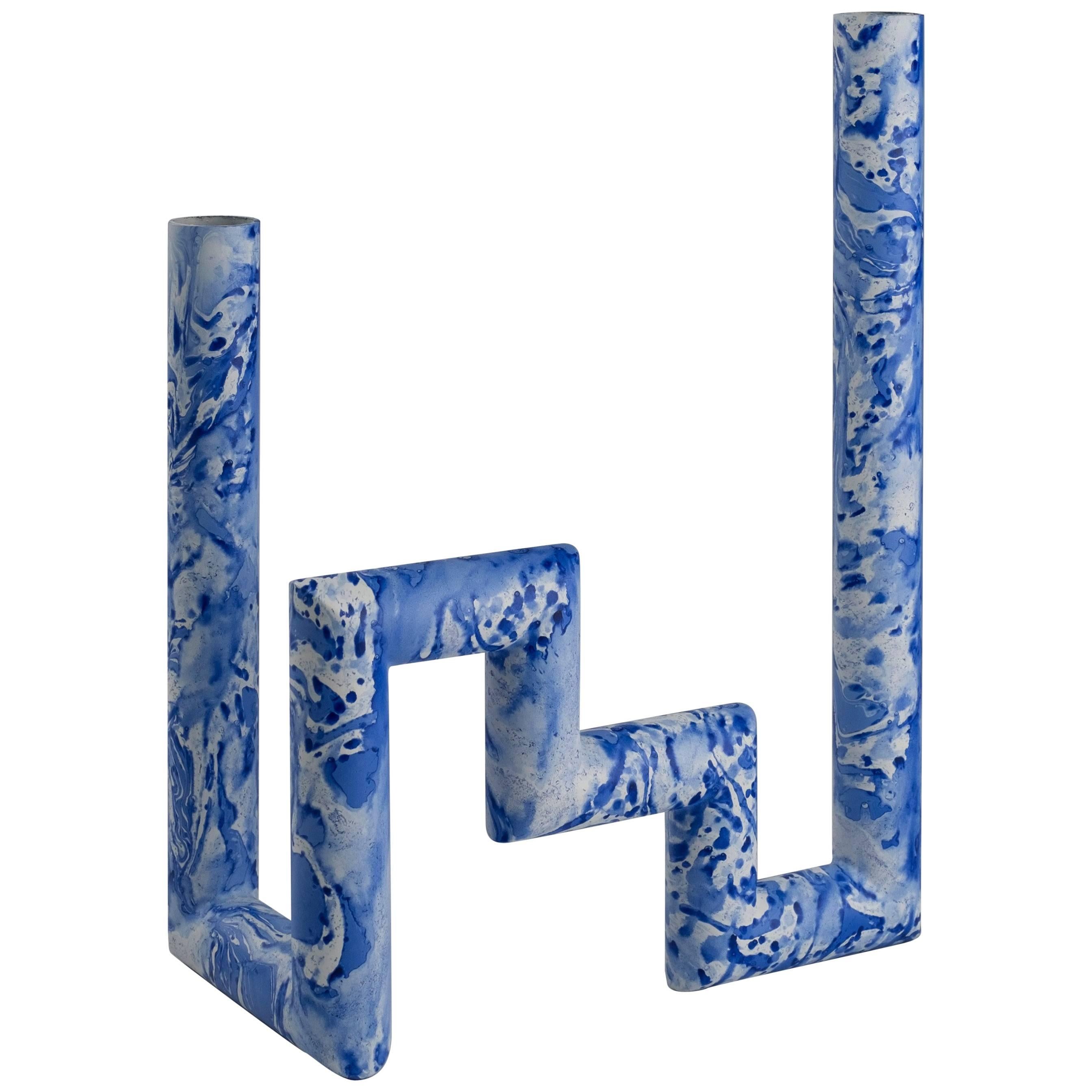 Both Ends Burning, Blue and White Enamel Candleholder by Jonathan Zawada For Sale