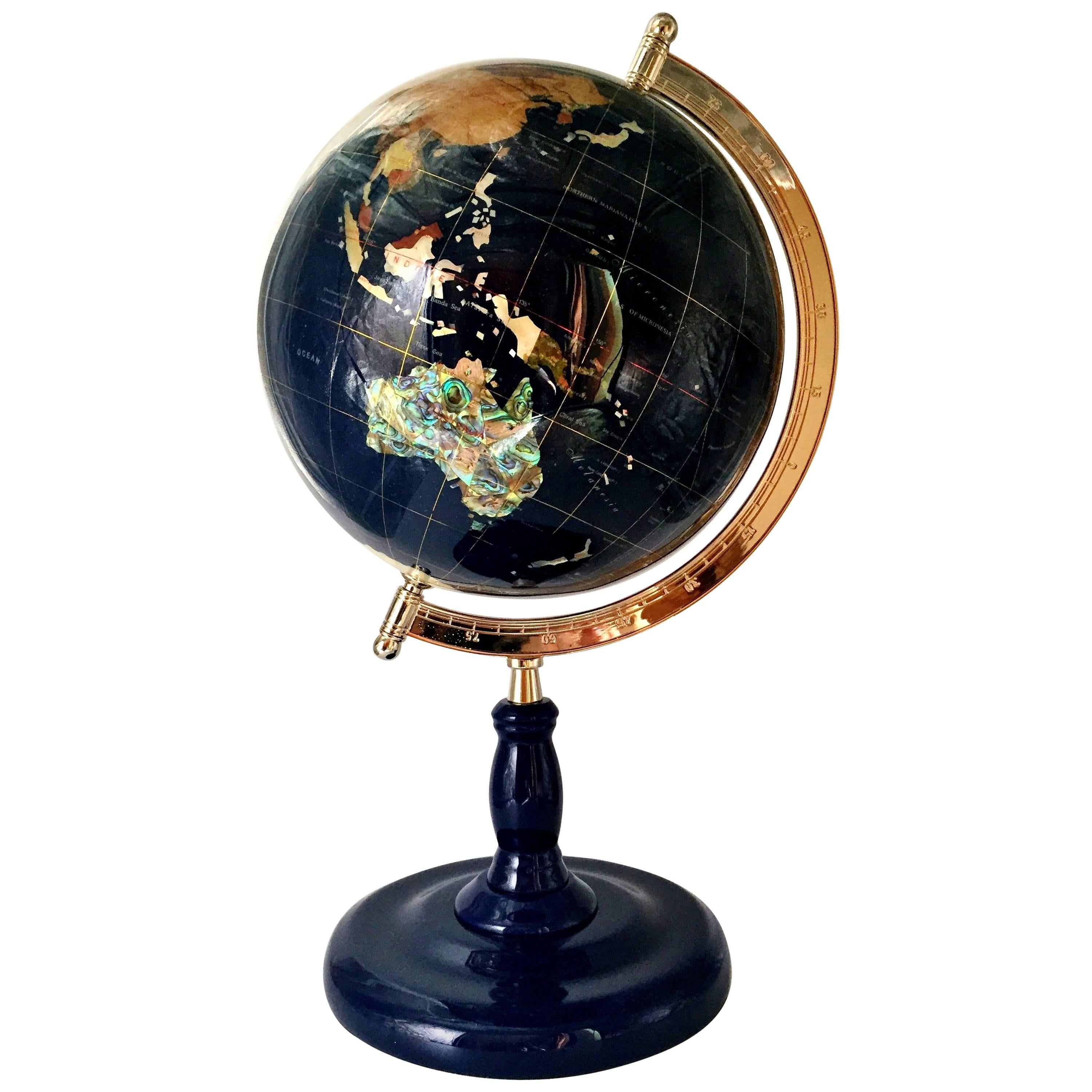 Genuine Multi-Gemstone Desktop Globe Gold Tone Base Rose Red Globe Free S & H 