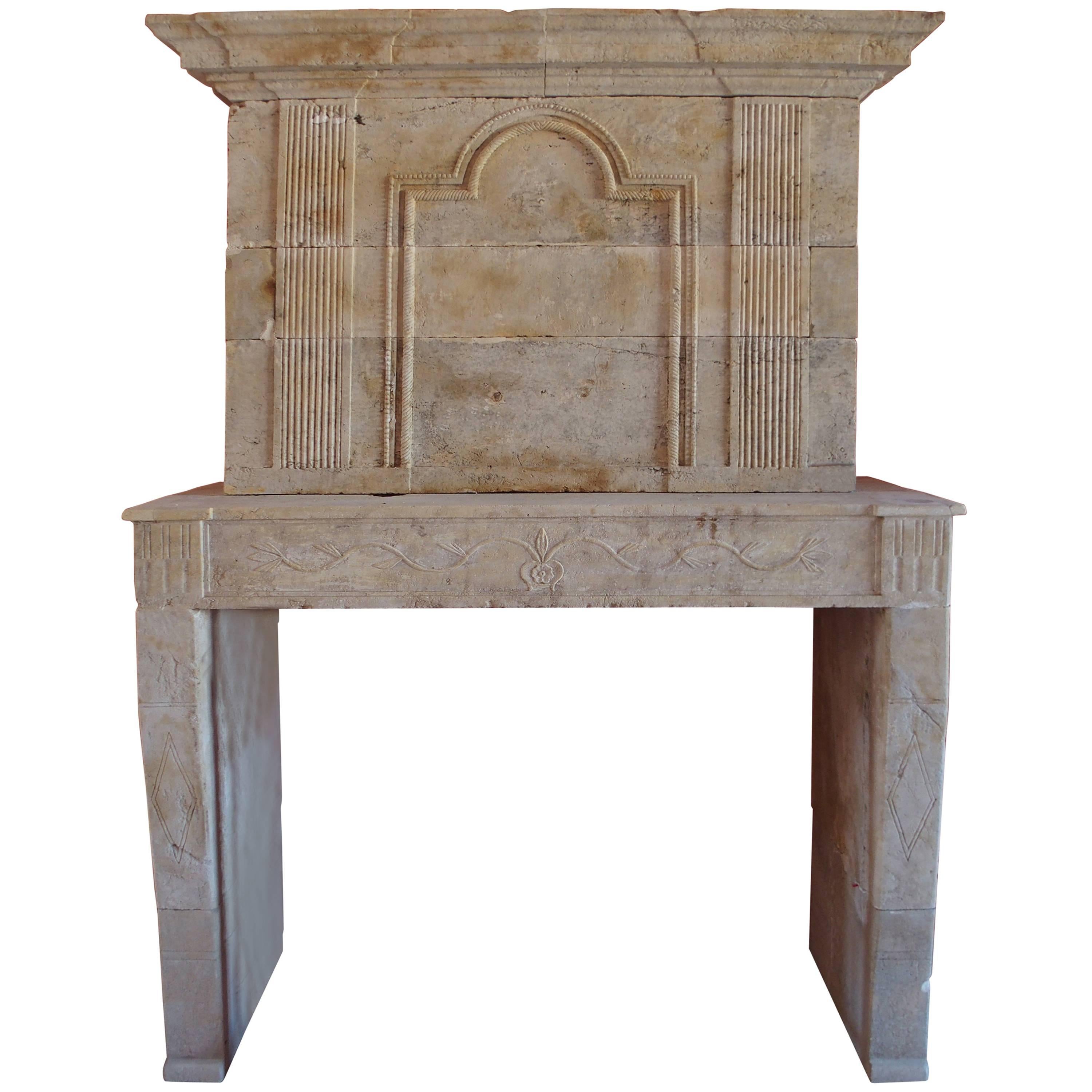 18th Century Louis XVI Fireplace with Trumeau in French Limestone, France For Sale