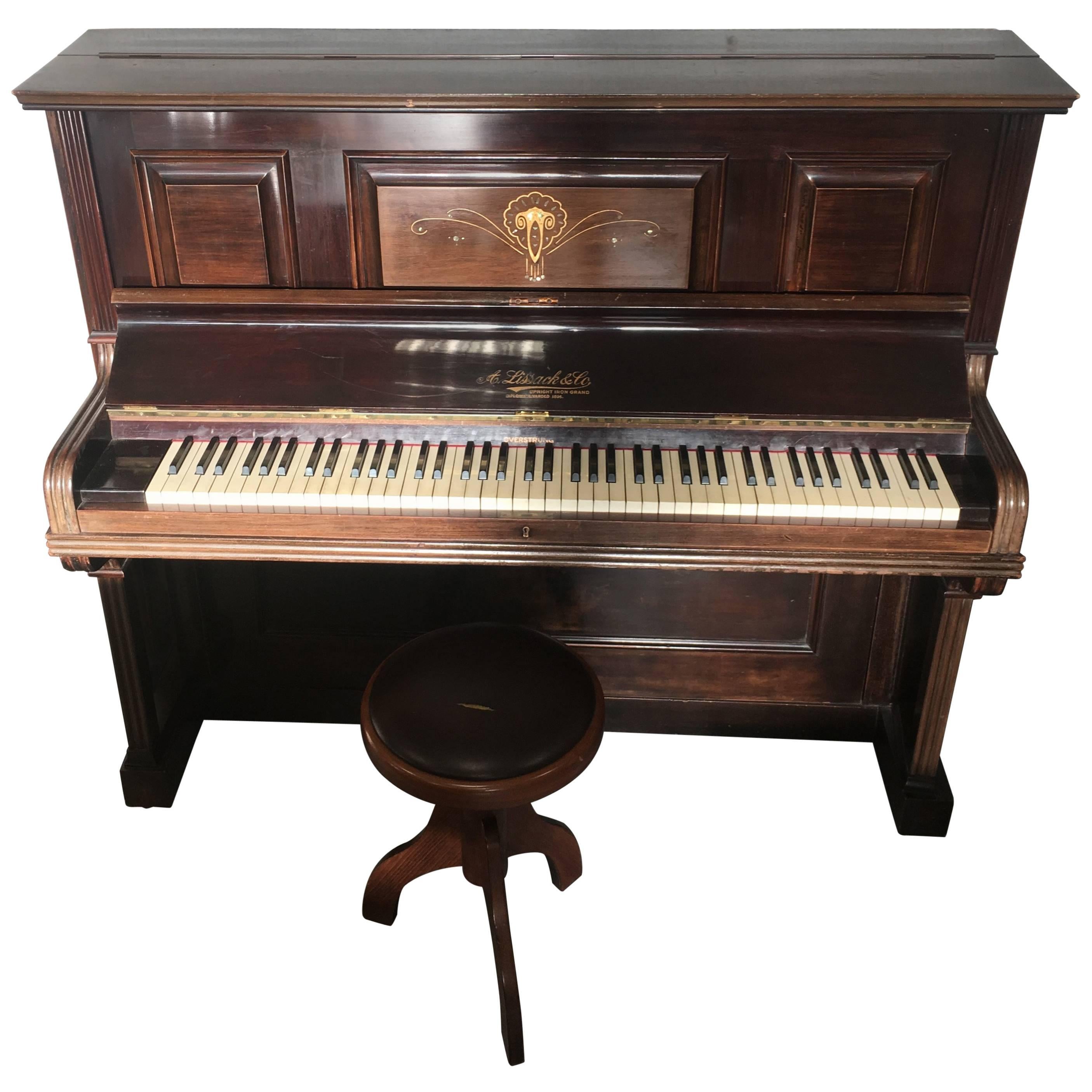1896 Lissack & Co London Upright Iron Gand Diplôme décerné Piano