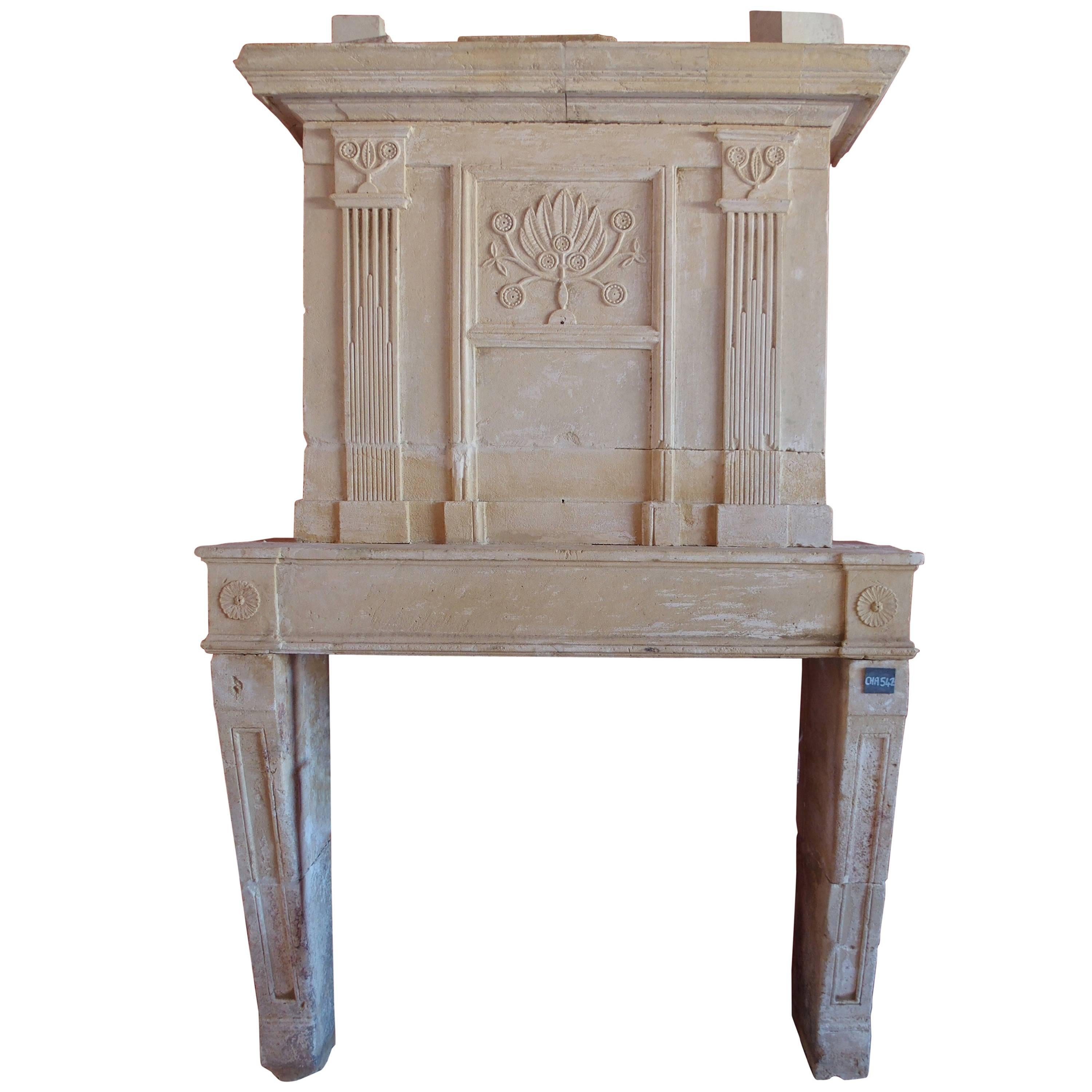 18th Century Louis XVI Fireplace with Trumeau Finely Hand-Sculpted in Limestone For Sale