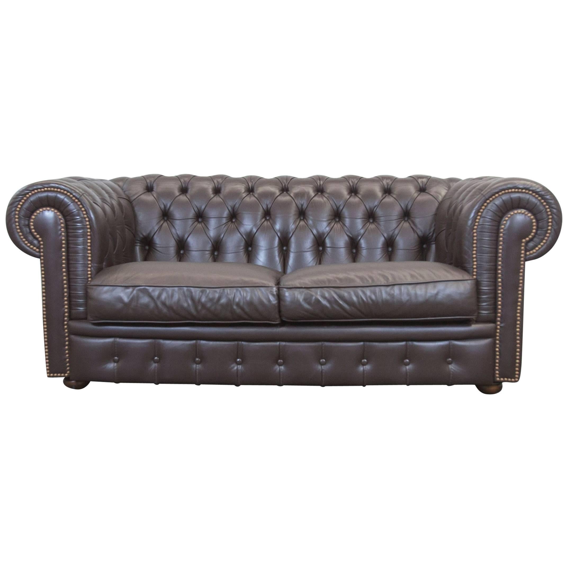 Calia Chesterfield Sofa Brown Leather Three-Seat Couch Vintage Retro
