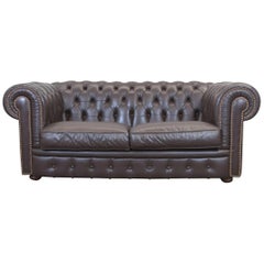 Calia Chesterfield Sofa Brown Leather Three-Seat Couch Vintage Retro