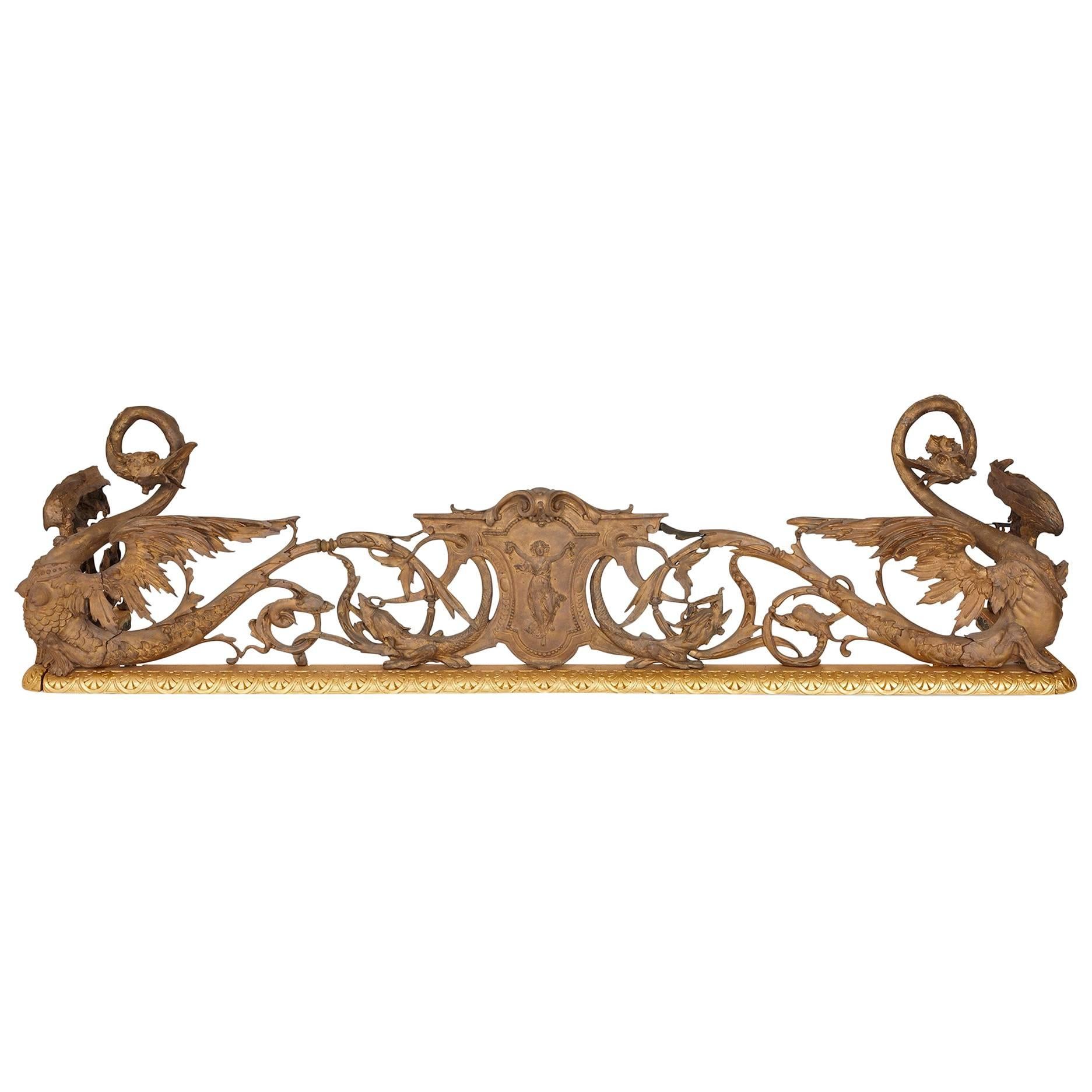 Silvered and Gilt Bronze Antique French Fireplace Fender in the Neo-Gothic Style