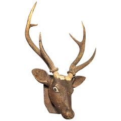 Carved Wood and Antler Stag's Head