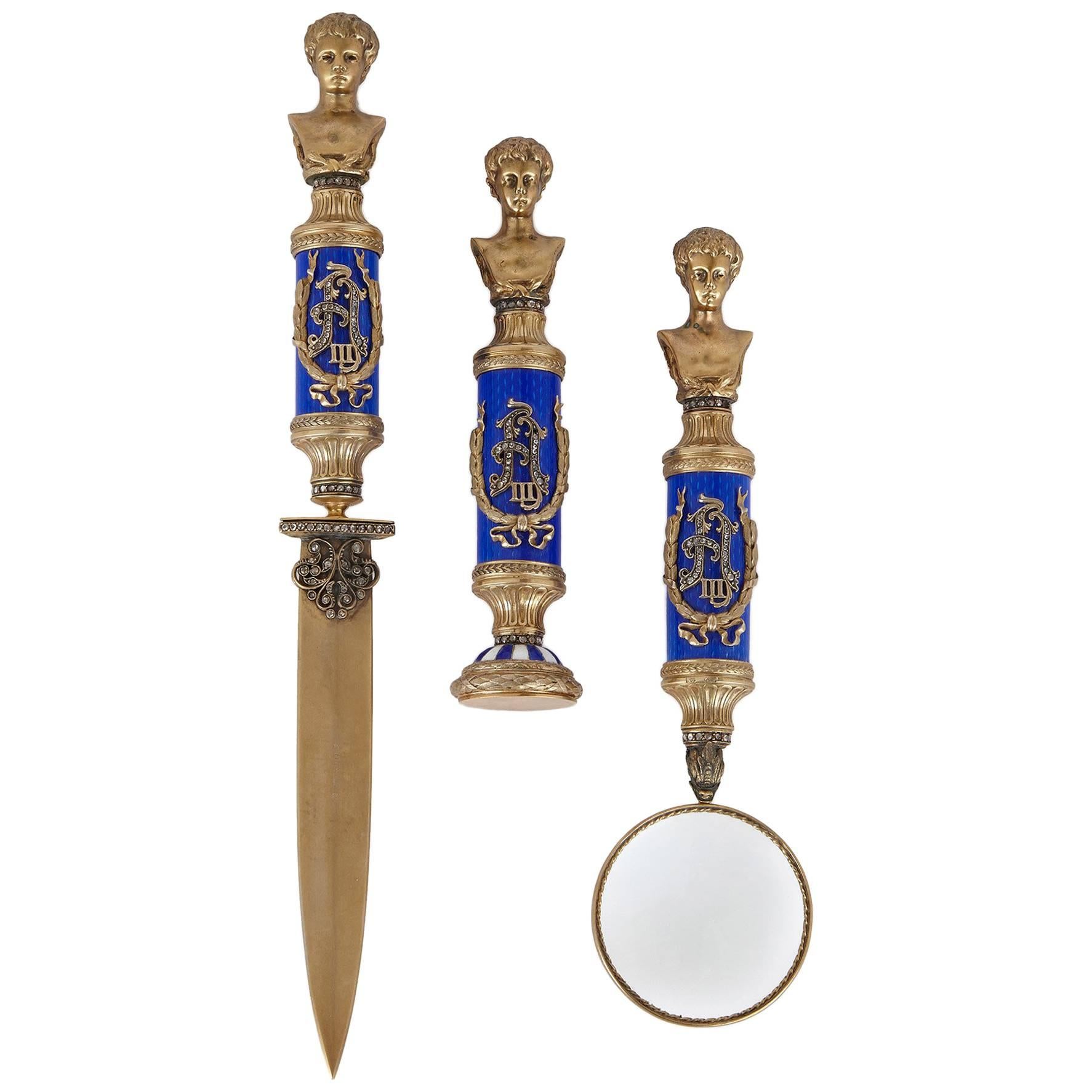 Fabergé Style Three-Piece Russian Desk Set in Diamond, Enamel and Silver Gilt