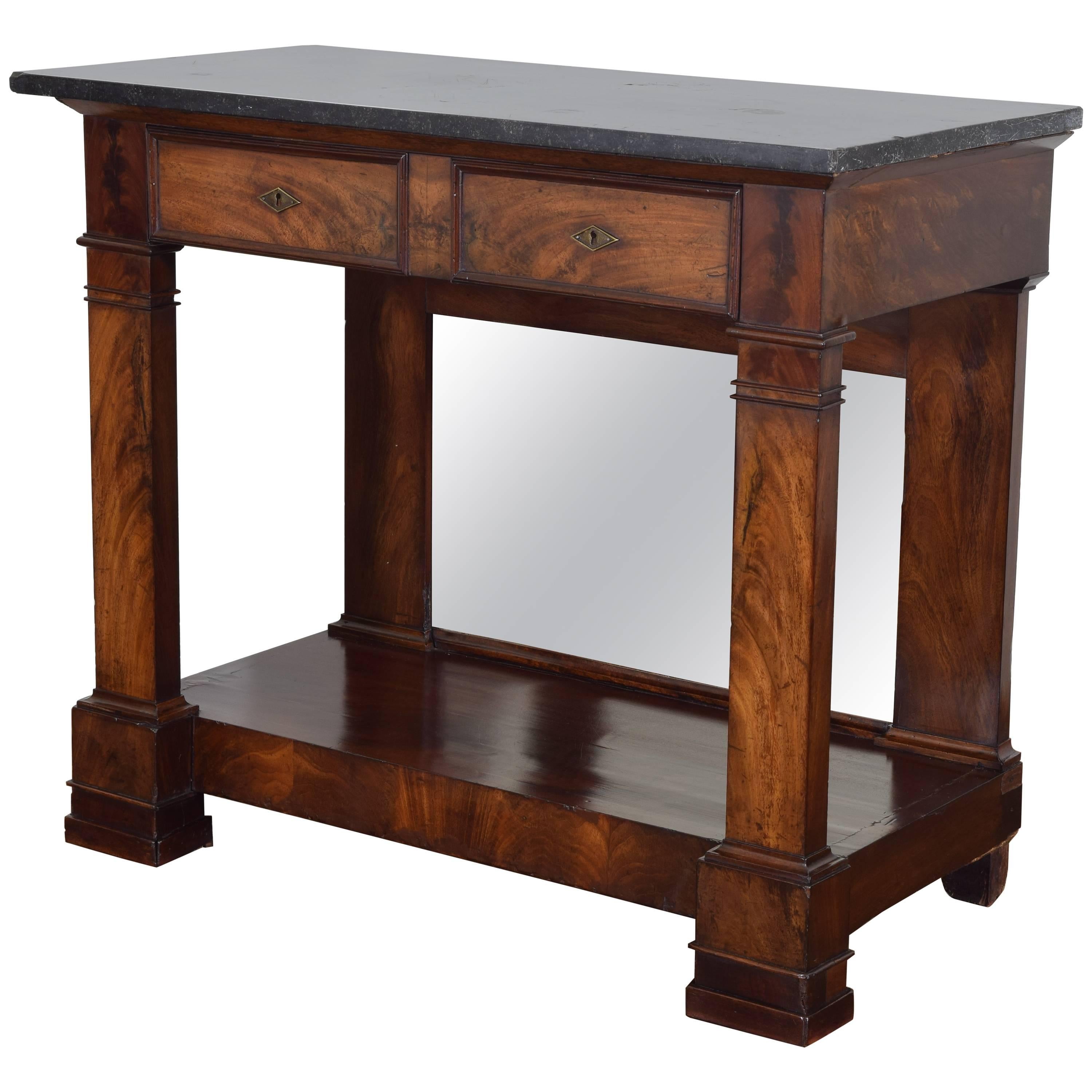 French Restauration Period Walnut and Marble-Top Console Table, 19th Century