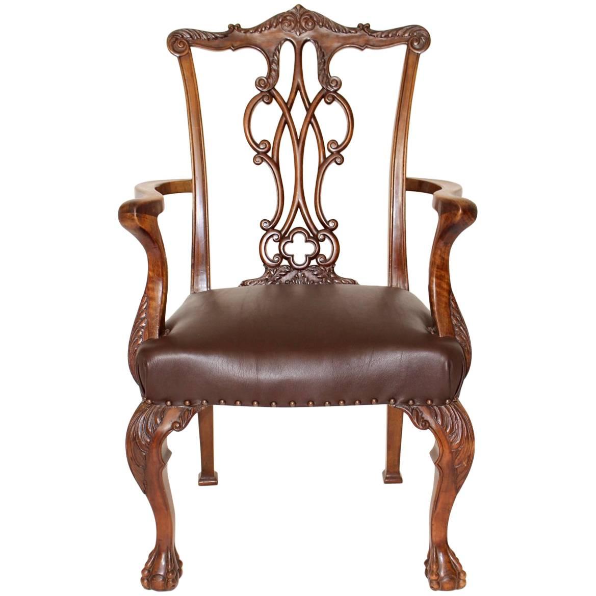 Art Deco Walnut Vintage Chippendale Style Armchair, circa 1920 For Sale