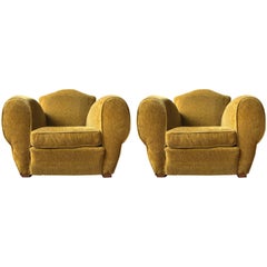 Pair of French Art Deco Style Armchairs in Gold Velvet