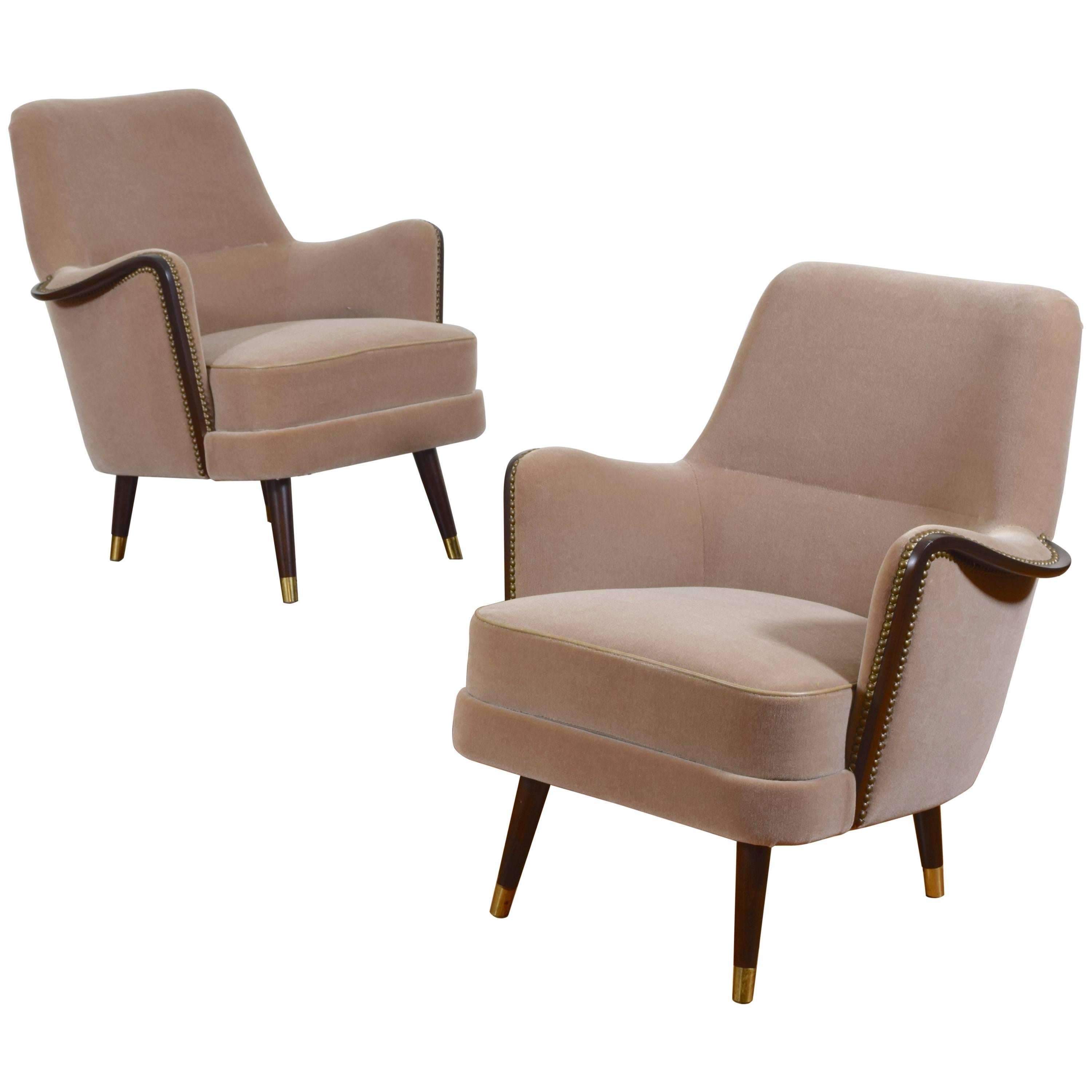 Pair of Italian Mid-Century Mahogany and Brass Bergeres, Mohair Upholstery