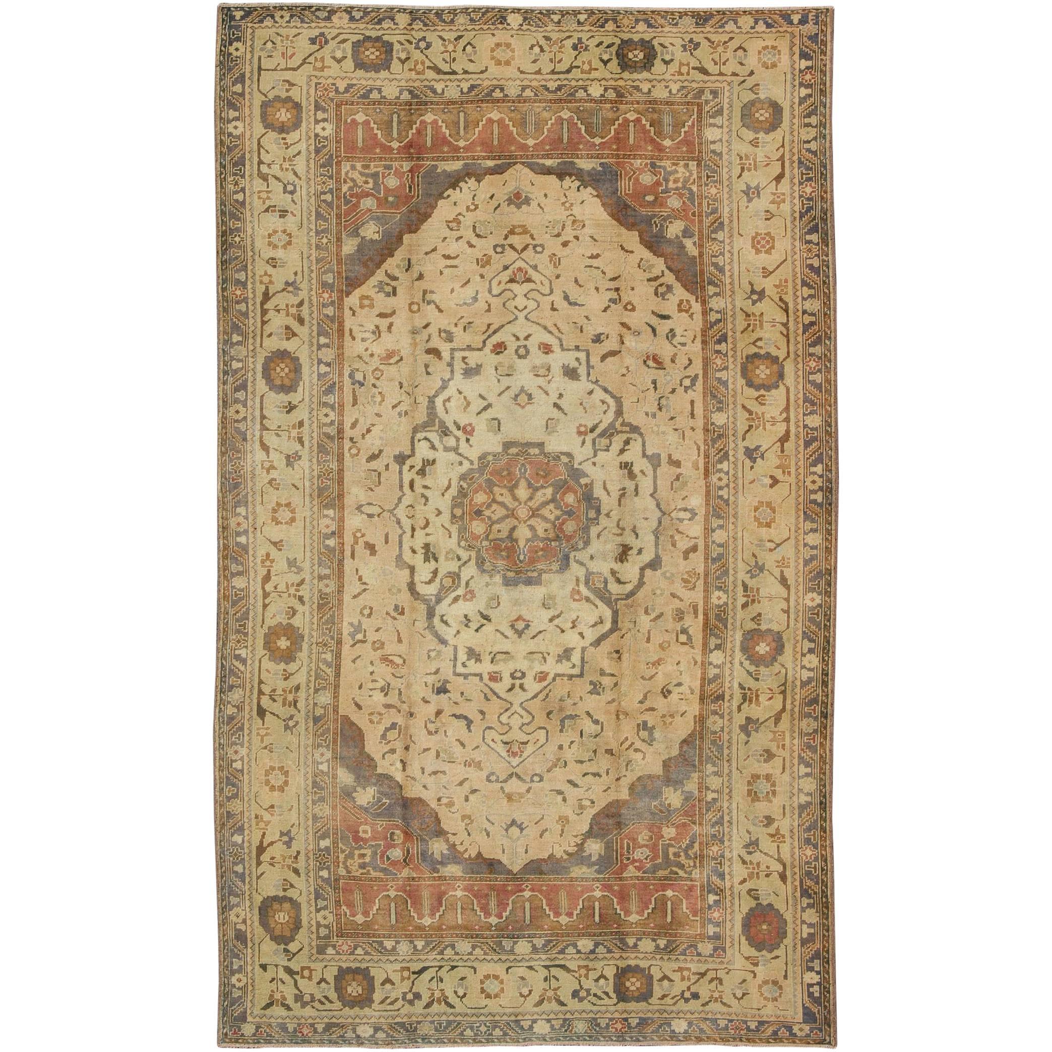 Turkish Oushak Rug Vintage with Layered Medallion in Ivory, Red, Blue and Olive For Sale