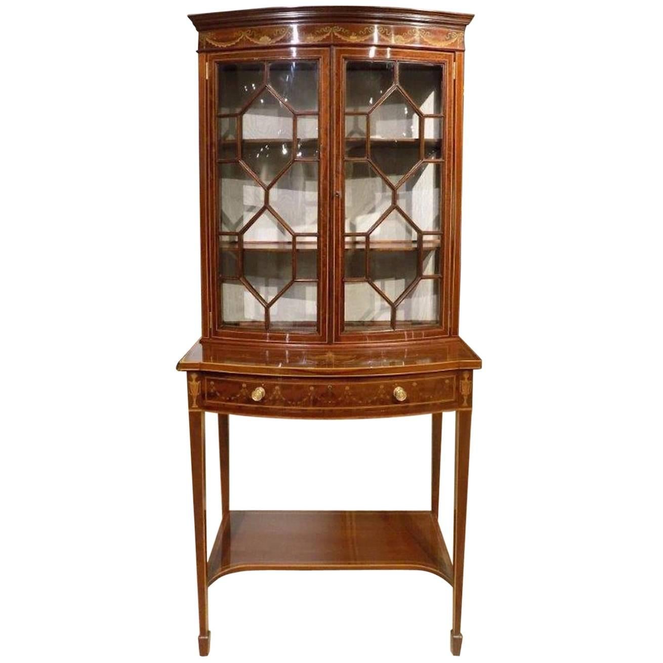 Superb Quality Mahogany and Marquetry Inlaid Bow Front Cabinet on Stand