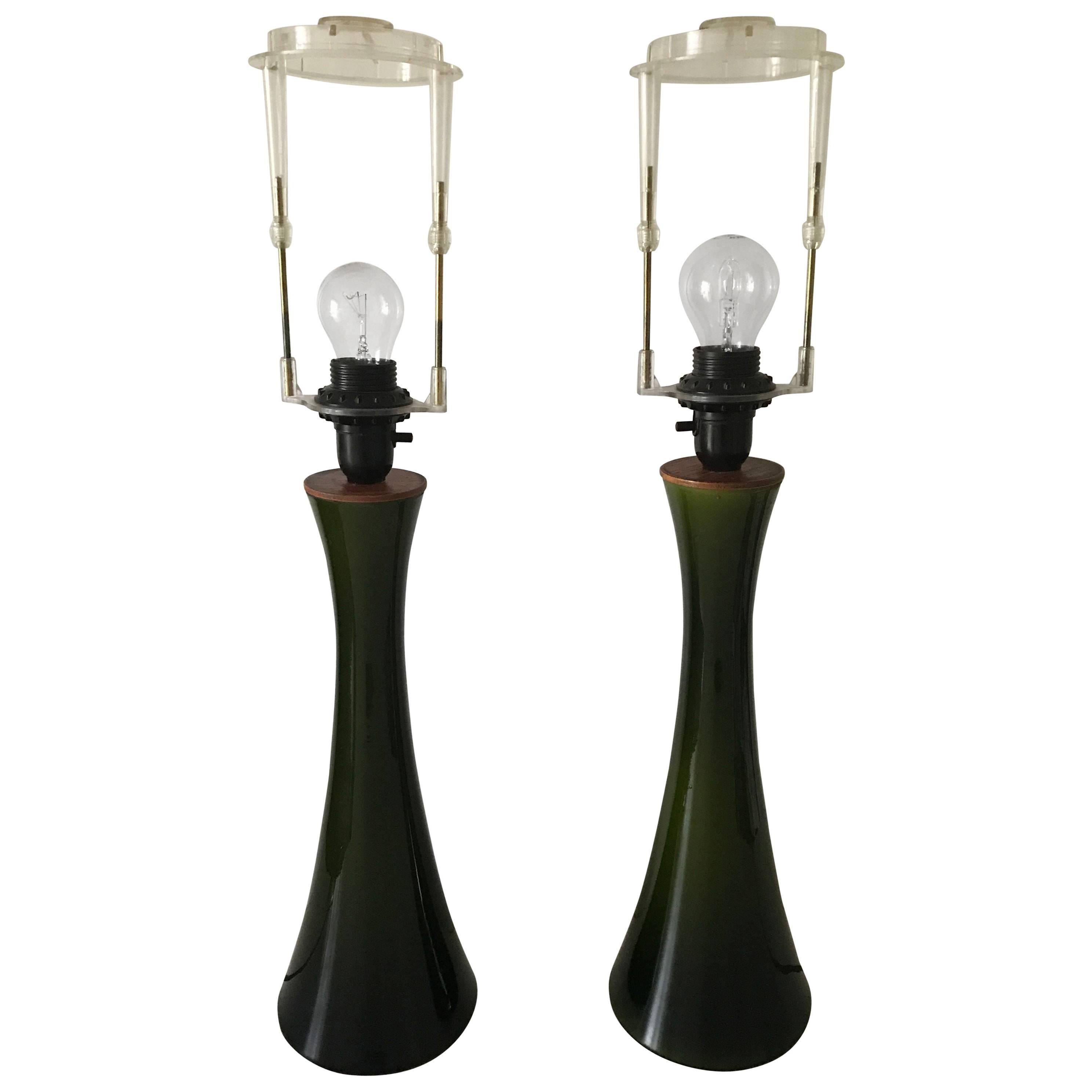 Pair Large 1950 Swedish Bergbom Holmegaard Dark Green Glass and Teak Table Lamps For Sale