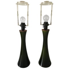 Pair Large 1950 Swedish Bergbom Holmegaard Dark Green Glass and Teak Table Lamps