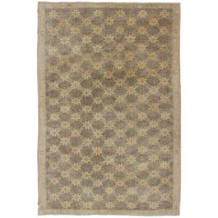 Brown Midcentury Retro Turkish Oushak Rug with Floral or Star Lattice Pattern