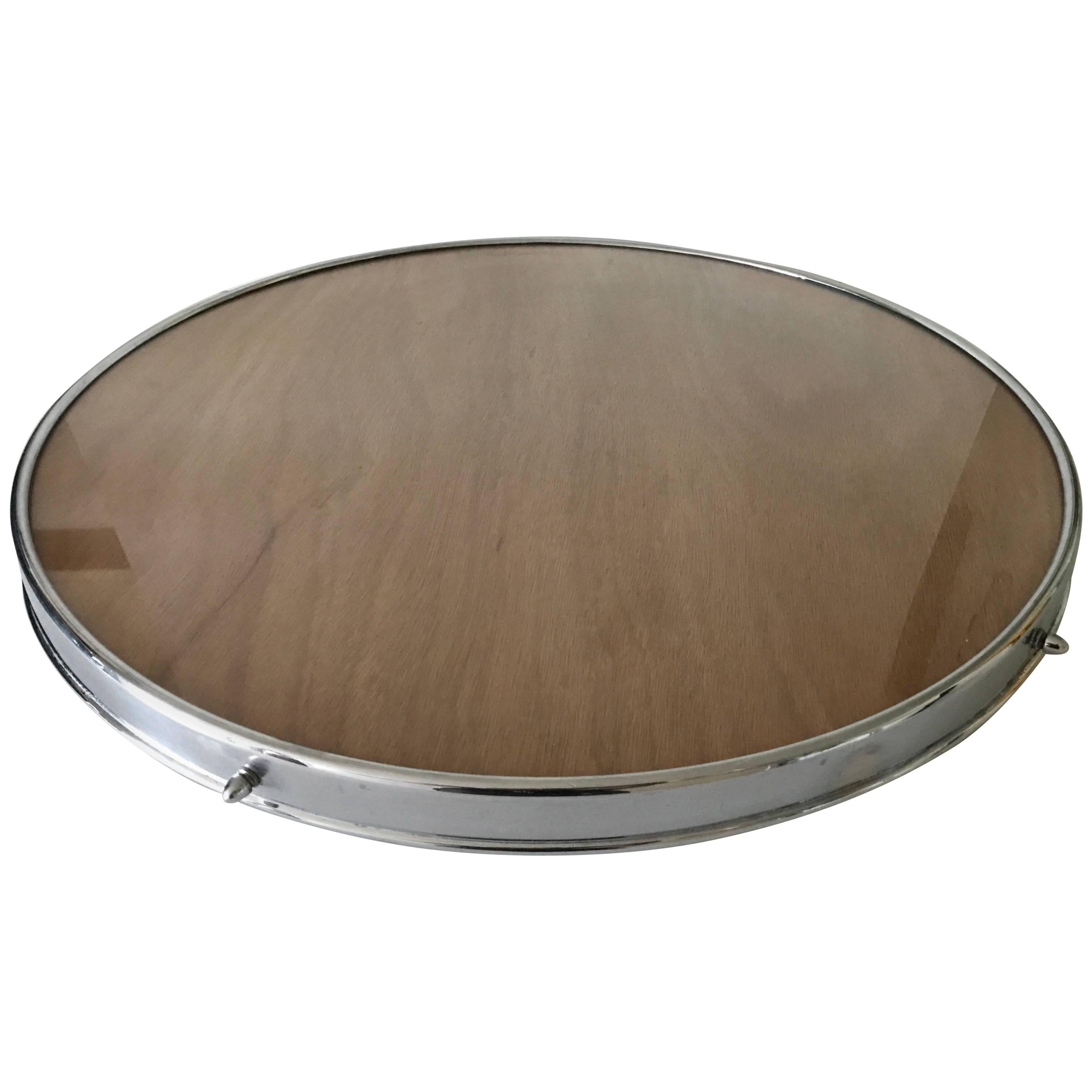 1950 Large Swedish Chrome Glass and Teak Spinning Serving Table