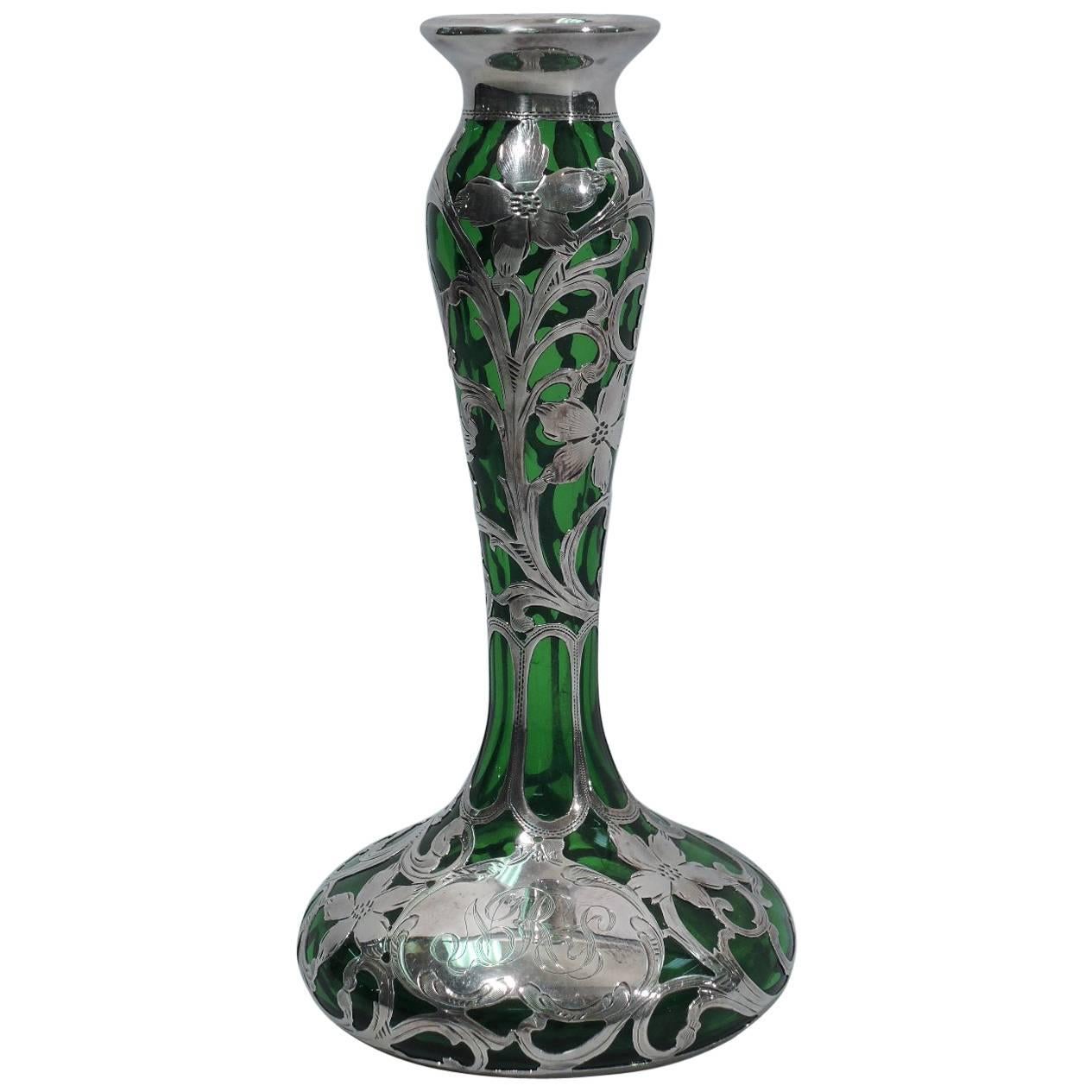 Alvin Art Nouveau Silver Overlay Emerald Glass Vase