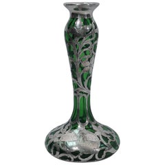 Alvin Art Nouveau Silver Overlay Emerald Glass Vase