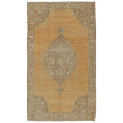 Vintage Turkish Oushak Rug with Floral Medallion in Faded Orange and Light Brown