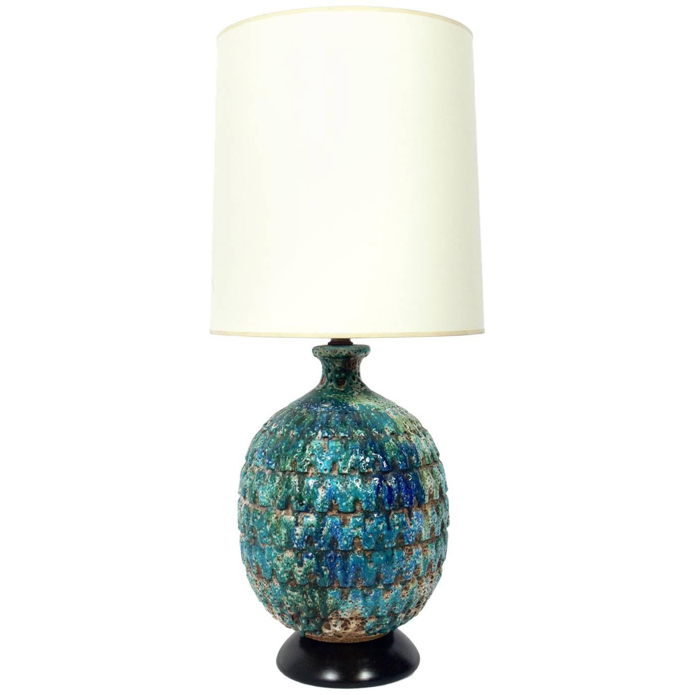 Large-Scale Italian Pottery Lamp in Vibrant Blue Greens