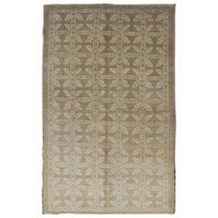 Leaf Design Vintage Turkish Oushak Rug in Light Taupe Brown, Ivory & Neutrals