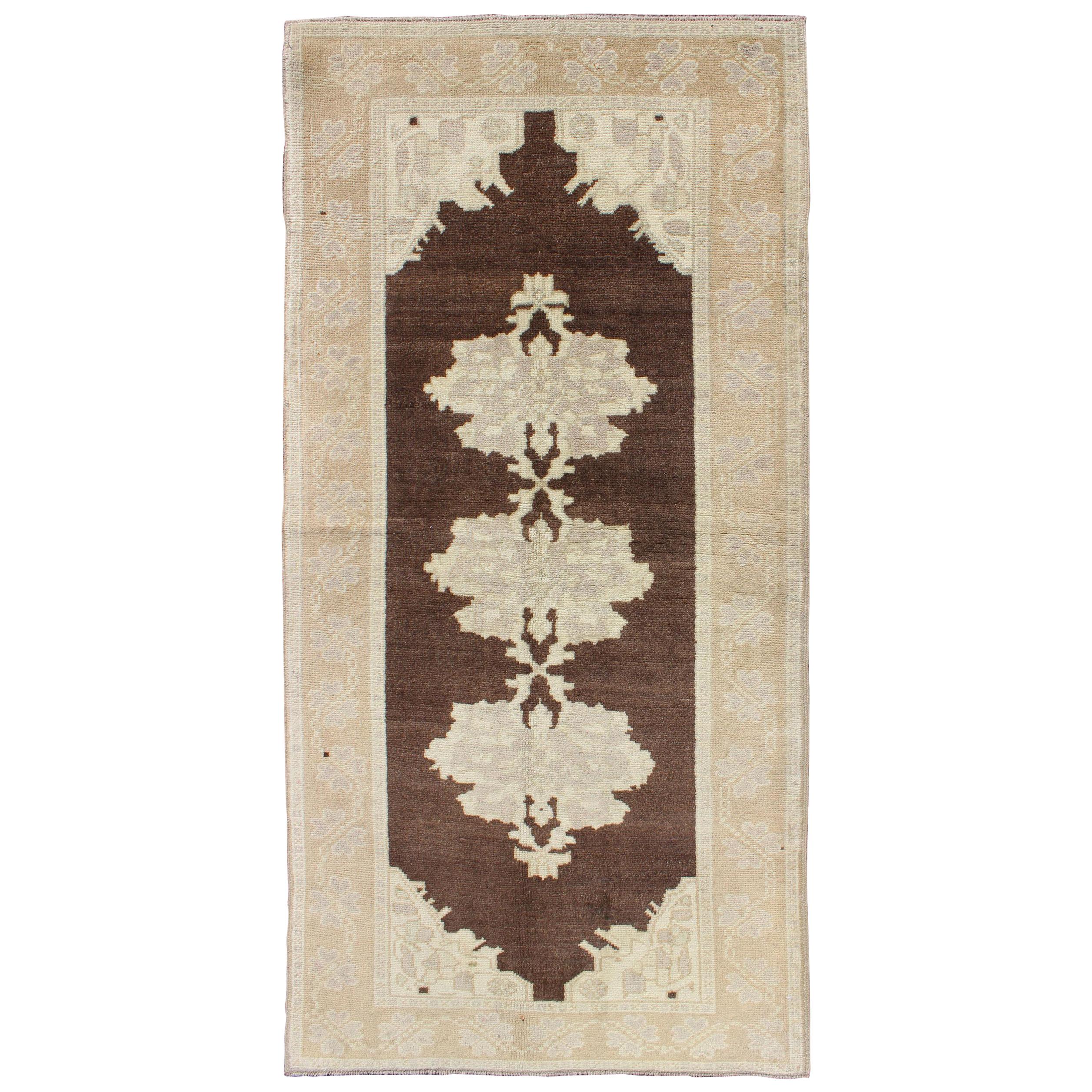 Brown Background Vintage Turkish Oushak Runner with Medallions in Cream & Ivory