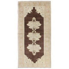 Brown Background Vintage Turkish Oushak Runner with Medallions in Cream & Ivory