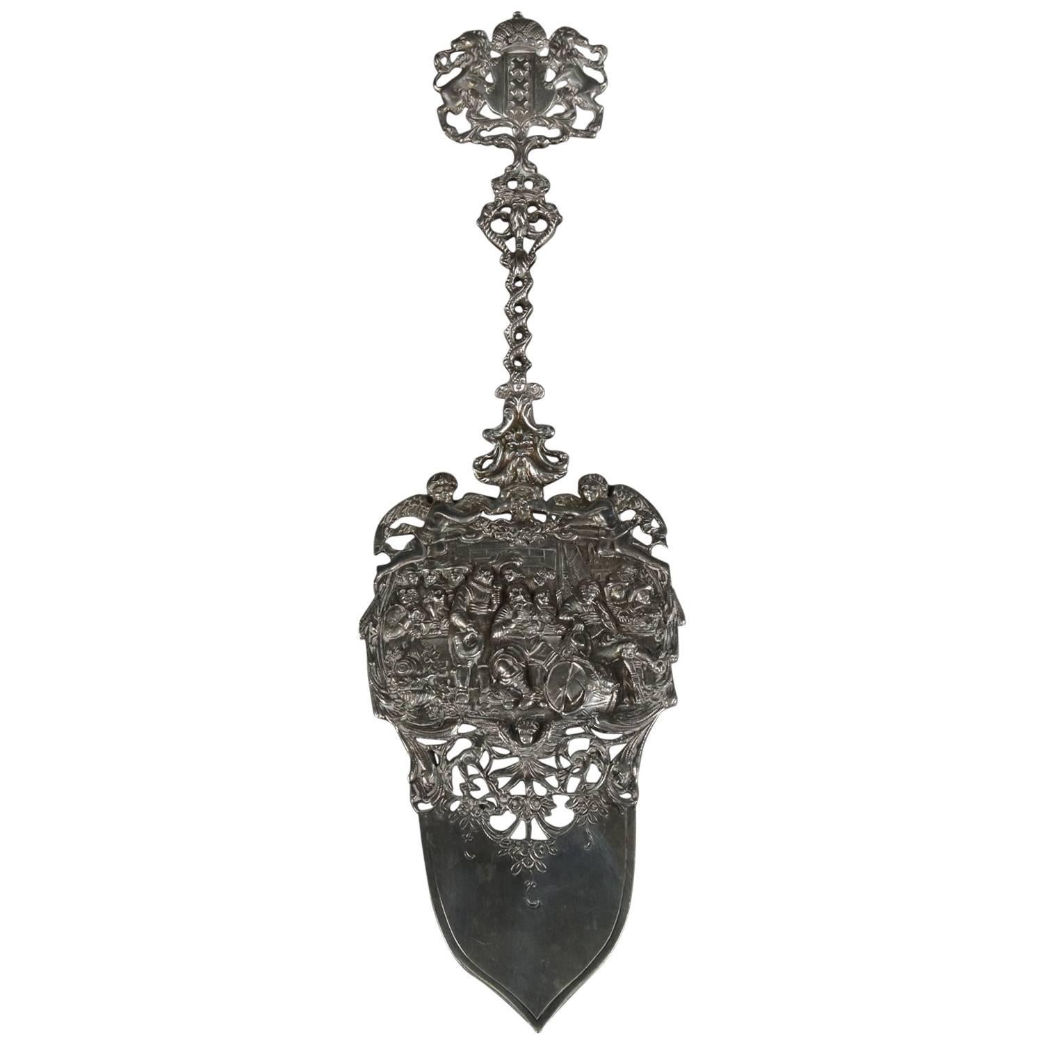 Antique English .800 Silver Reticulated Pie Server, Royal Old World Motif