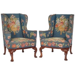 Antique Pair of Queen Anne Style Mahogany Wing Armchairs