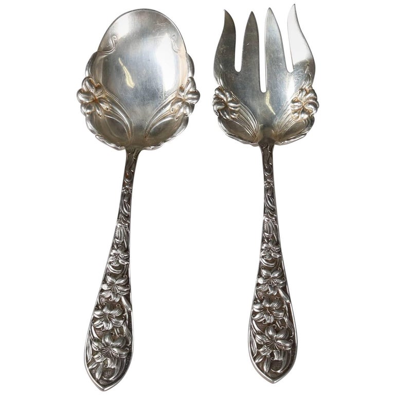 Pair of Antique Sterling Silver Serving Set, Fork and Spoon, by Frank