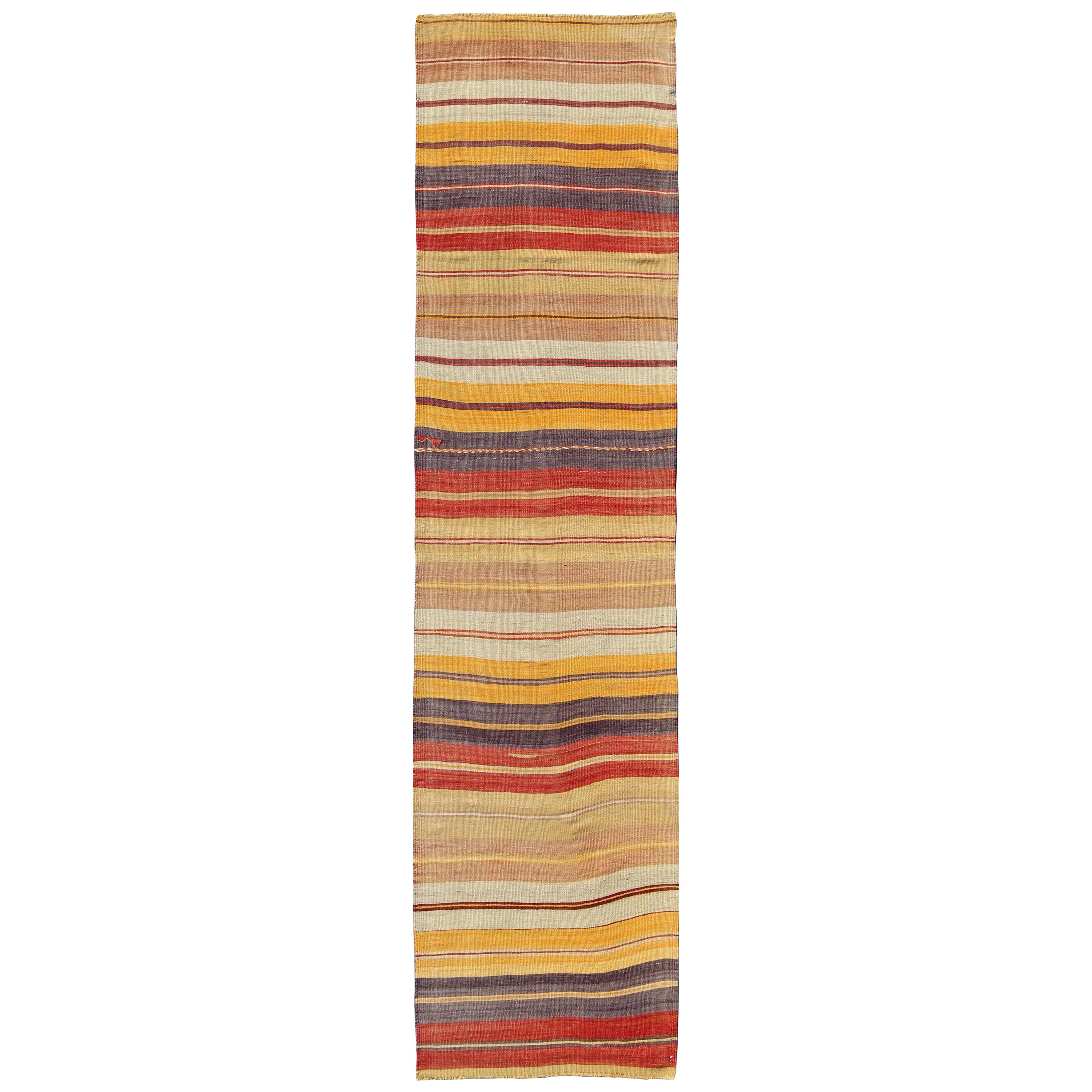 Colorful Vintage Turkish Kilim Rug with Horizontal Stripe Design For Sale