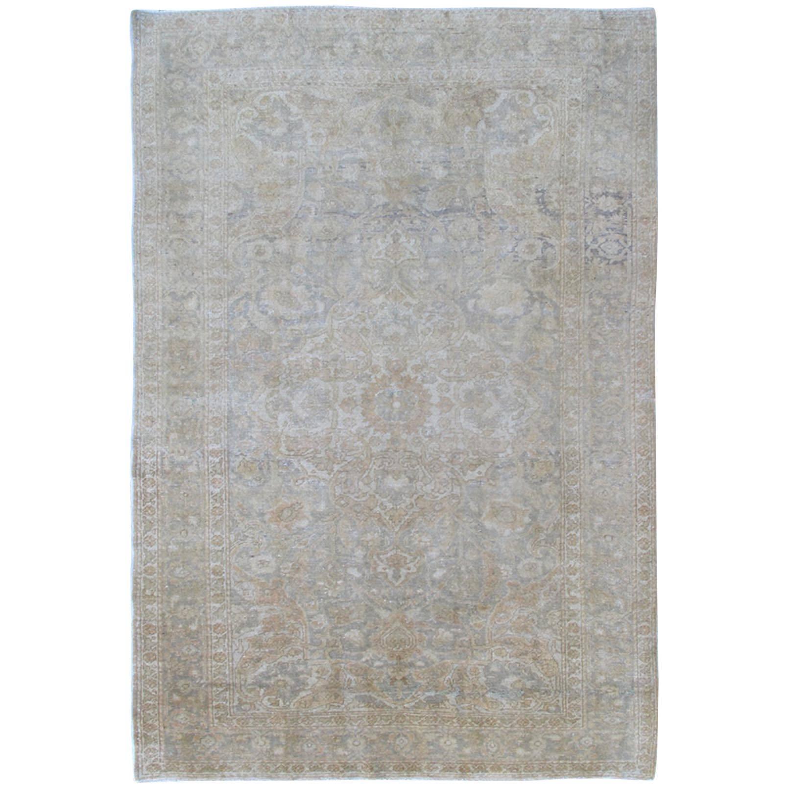 Gray Faded Vintage Turkish Sivas Rug with Floral Motifs and Medallion For Sale