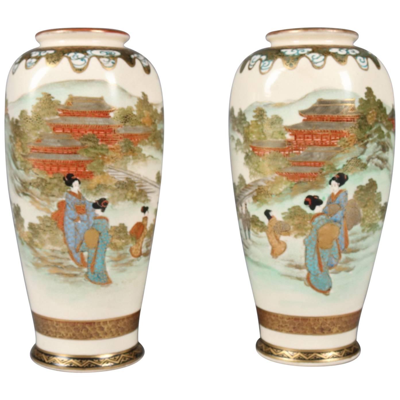 Pair of Antique Japanese Gilt and Hand-Painted Satsuma Cabinet Vases, circa 1900
