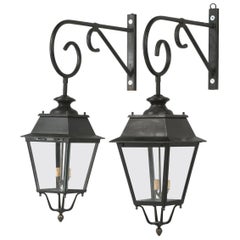 Pair of Vintage French Lanterns Restored with Wavy French Glass Panes