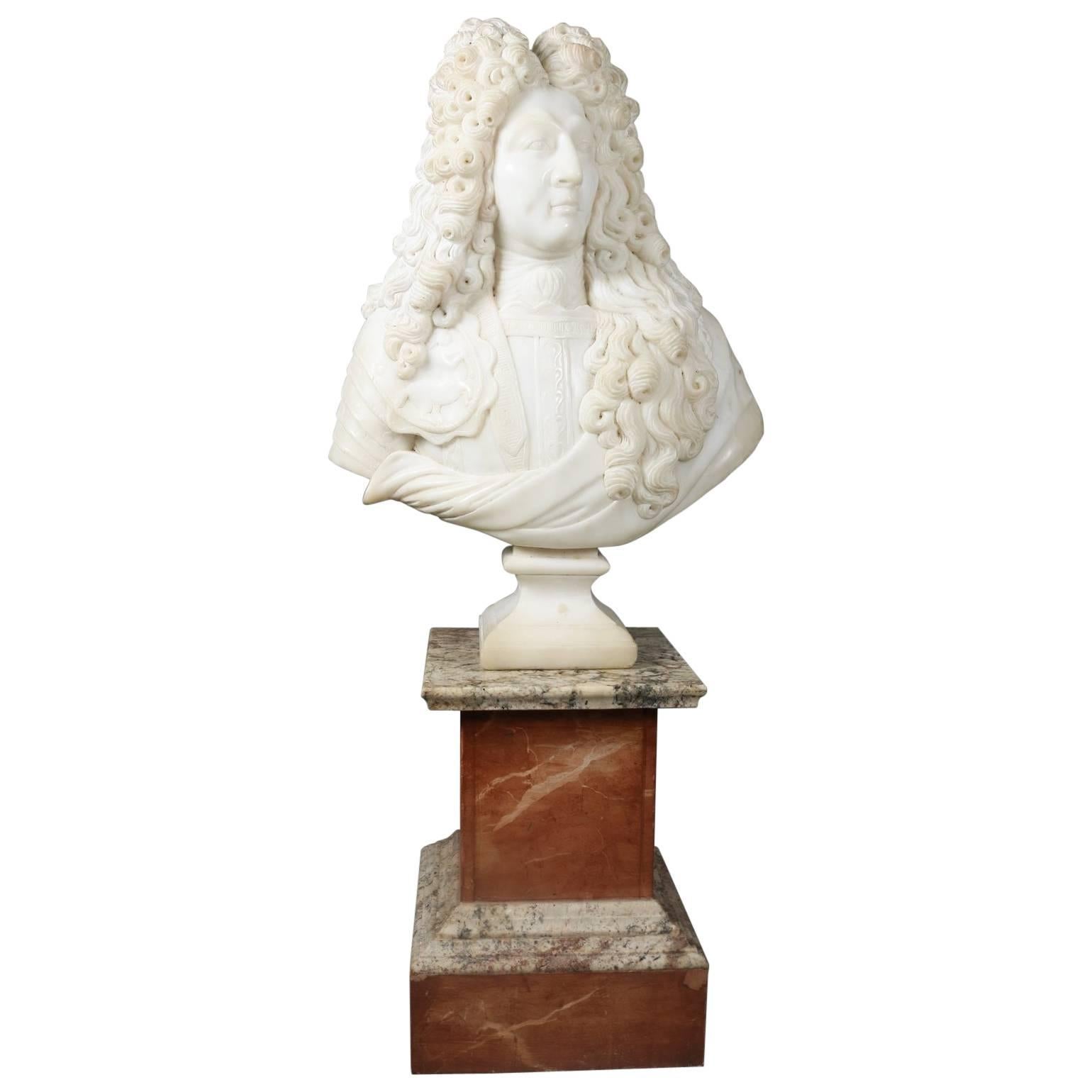 Oversized the Sun King Louis XIV 3/4 Bust Carved Alabaster on Marble Base