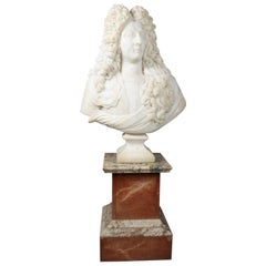 Vintage Oversized the Sun King Louis XIV 3/4 Bust Carved Alabaster on Marble Base