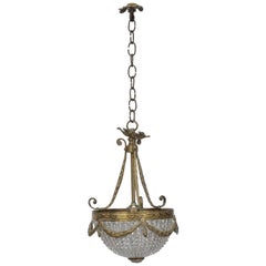 Antique Petite French Cast Bronze Empire Style Beaded Chandelier