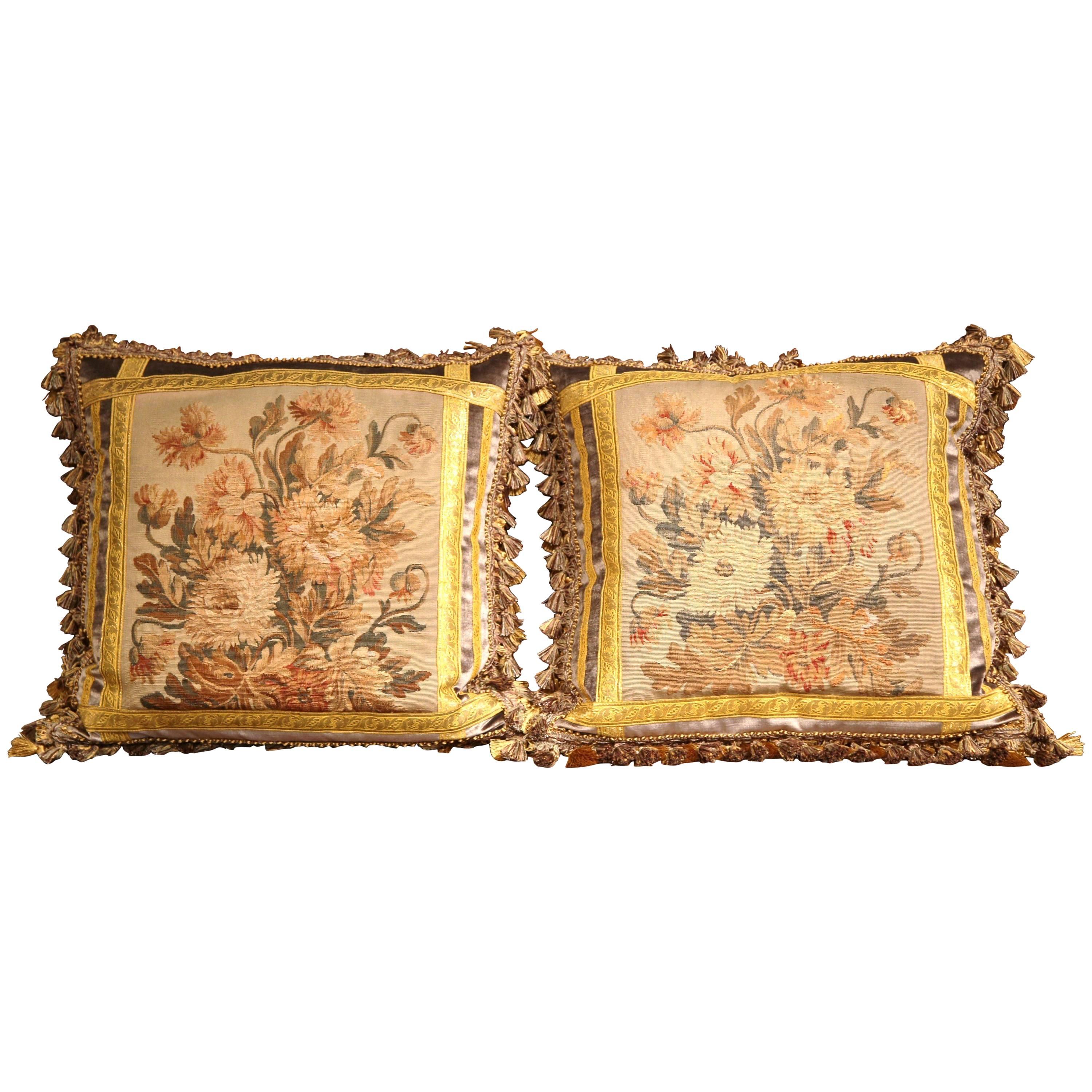 Pair of Pillows Made with 18th Century Aubusson Tapestry, Tassels and Gold Trims
