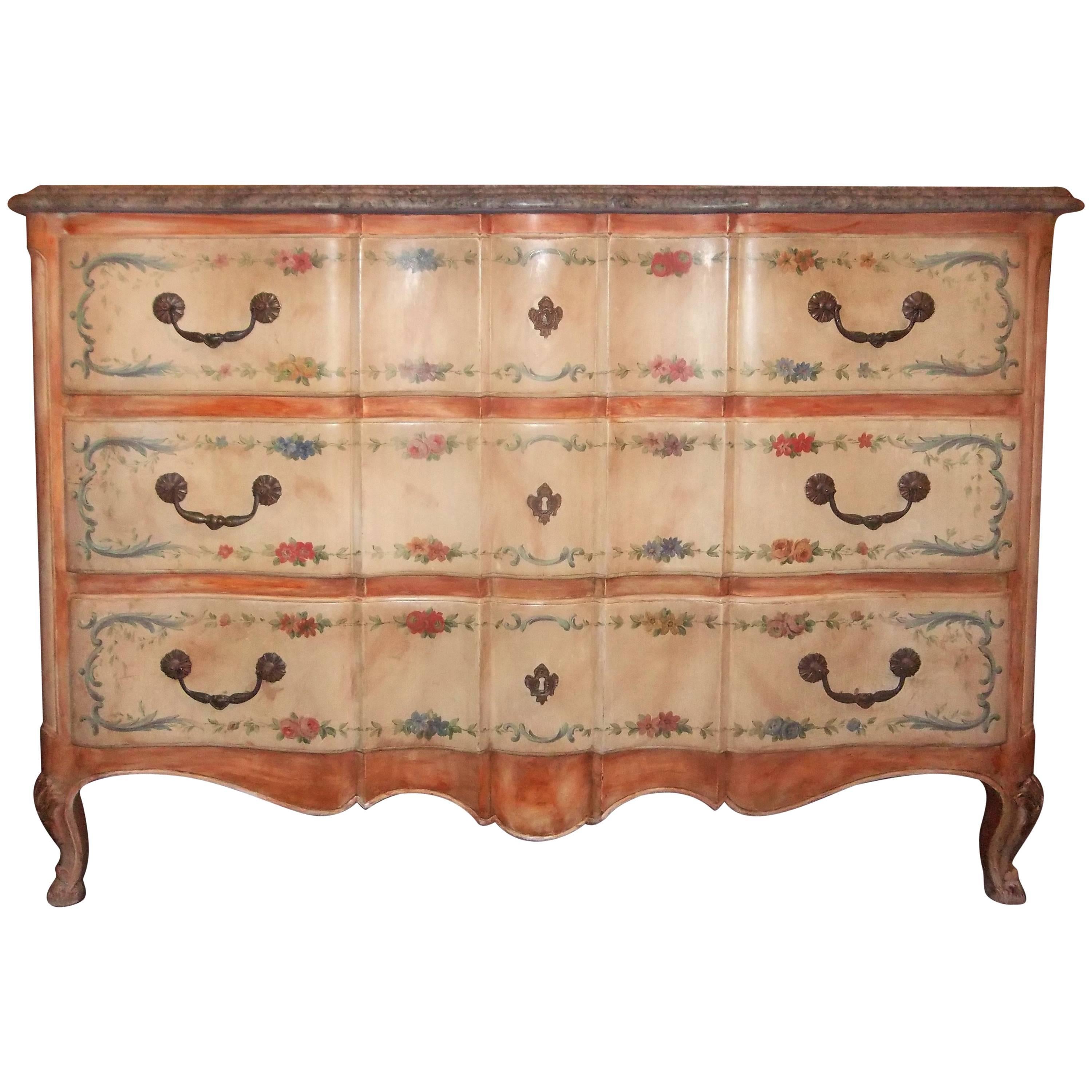Large Louis XV Styled Painted and Marble Topped Oak Commode