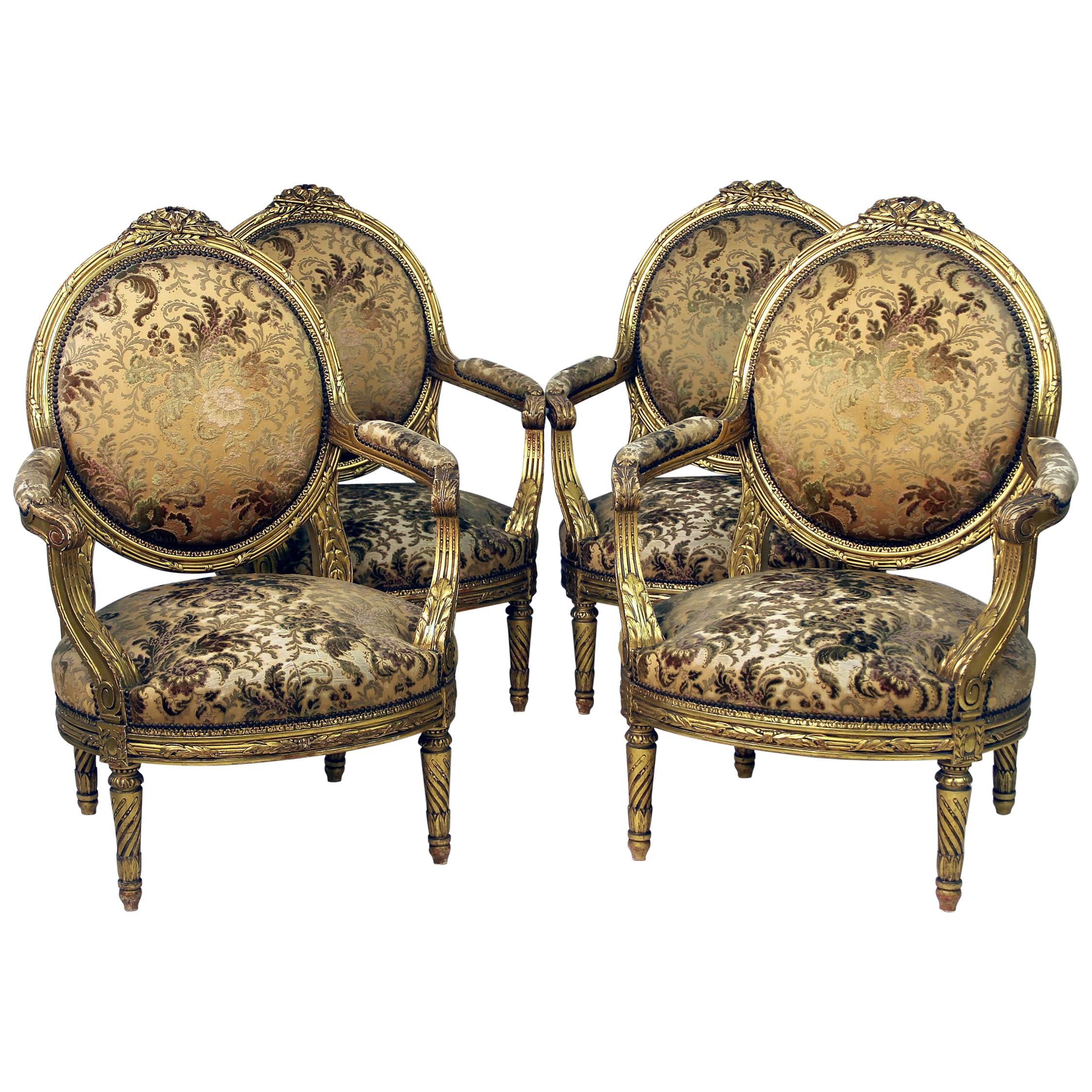 Important Set of Four Late 19th Century Louis XVI Style Giltwood Armchairs