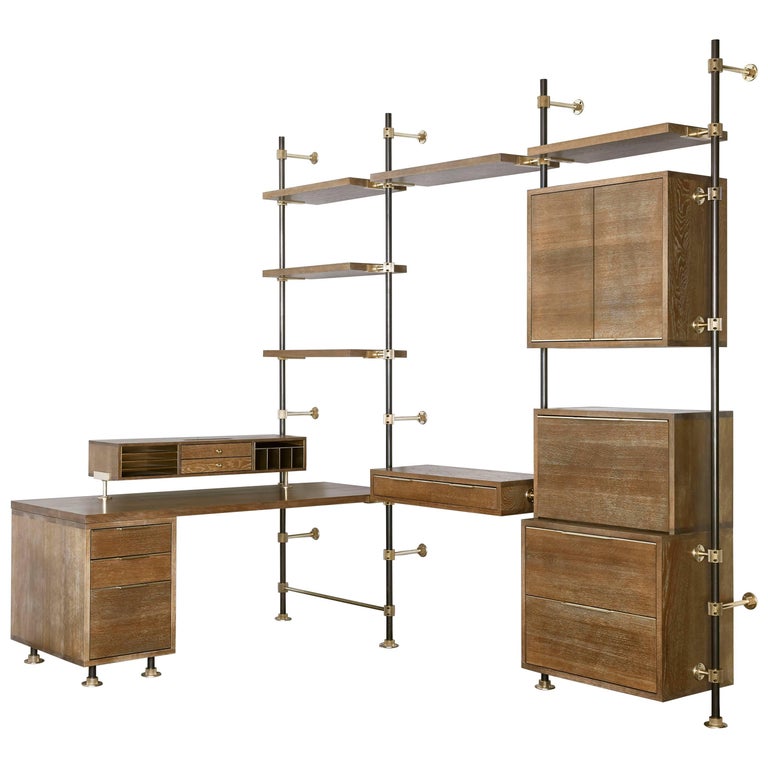 Oak and Brass Desk System with Secretary, Caddy, Storage and Adjustable