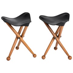 Pair of Sap Wood and Saddle Leather Campaign Stools, ERIK GUSTAFSON