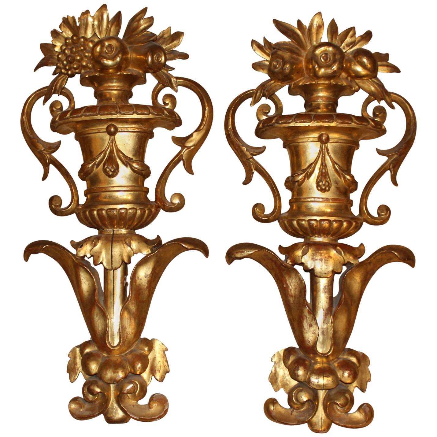 Pair of Continental Wooden Gilt Urn Wall Decorations Architectural Elements