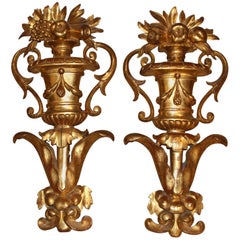 Pair of Continental Wooden Gilt Urn Wall Decorations Architectural Elements
