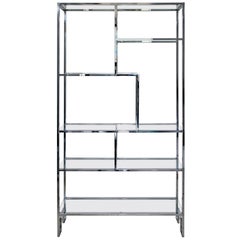 Mid-Century Modern Milo Baughman Chrome & Glass Etagere Shelves, 1970s Greek Key