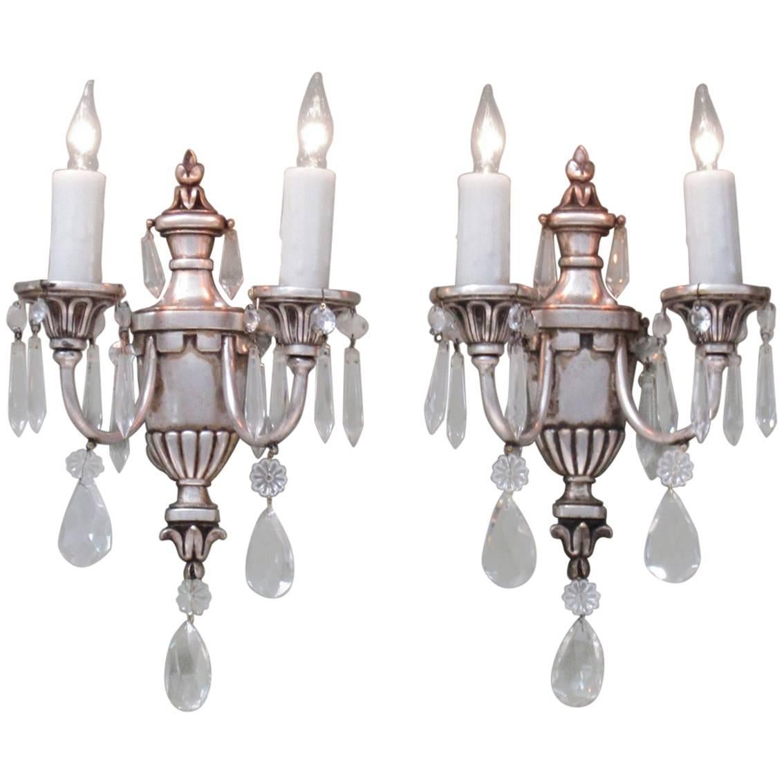 Early 20th Century Italian Neoclassical Silvered Bronze Urn and Crystal Sconces